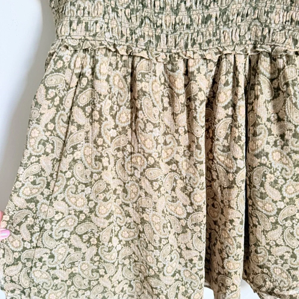 American Eagle Paisley Smocked‎ Mini Dress Olive Green Boho Ruffle XL